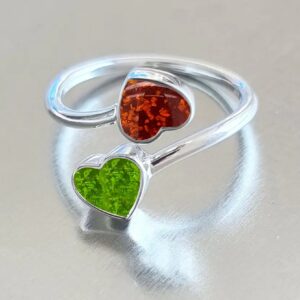 Double heart green and amber ashes ring